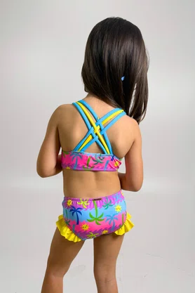 Conjunto De Biquíni Infantil Alças Cruzadas Rosa Ondas