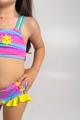 Conjunto De Biquíni Infantil Alças Cruzadas Rosa Ondas