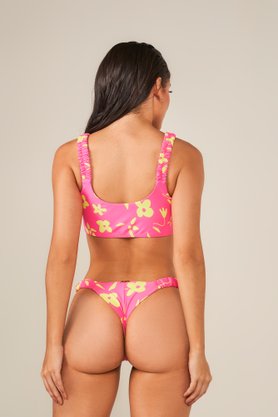 Calcinha De Biquíni Lateral Franzida Floral Neon