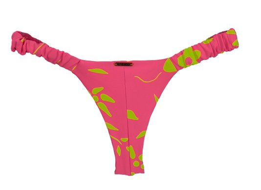 Calcinha De Biquíni Lateral Franzida Floral Neon