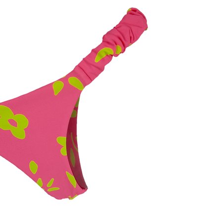 Calcinha De Biquíni Lateral Franzida Floral Neon