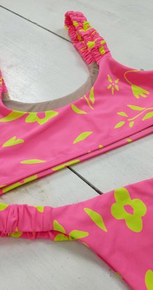 Calcinha De Biquíni Lateral Franzida Floral Neon