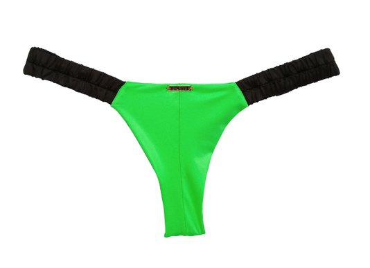 Calcinha De Biquíni Lateral Franzida Verde e Preto