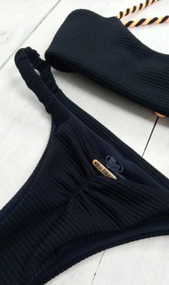 Calcinha De Biquíni Fio Lateral Frufru Preto Texturizado