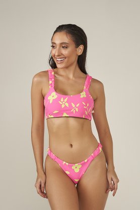 Calcinha De Biquíni Lateral Franzida Floral Neon