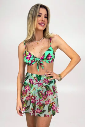 Hot Pants Saia Riacho Fúcsia Floral