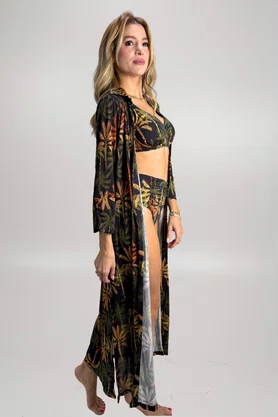 Saída de Praia Camisa Longa Preto Coqueiros Adriana| Ilha Bikini
