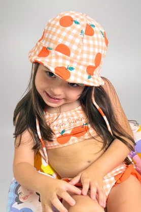 Conjunto De Biquíni Infantil Alças Cruzadas Xadrez Laranjas