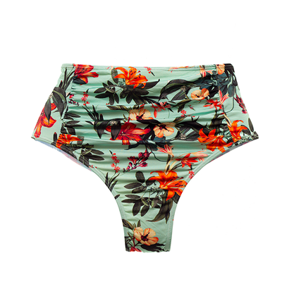 Hot Pants Com Recorte Franzido Floral Laranja e Verde