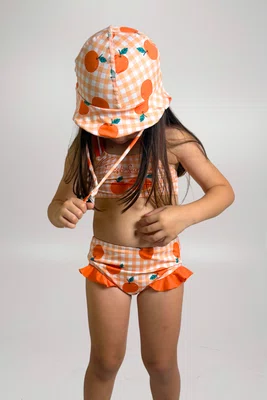 Conjunto De Biquíni Infantil Alças Cruzadas Xadrez Laranjas
